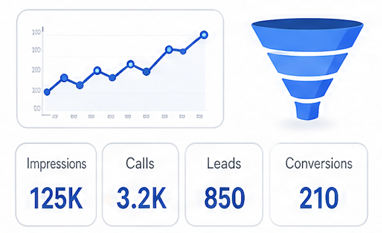 Attribution dashboard with impressions, calls, leads, and conversions