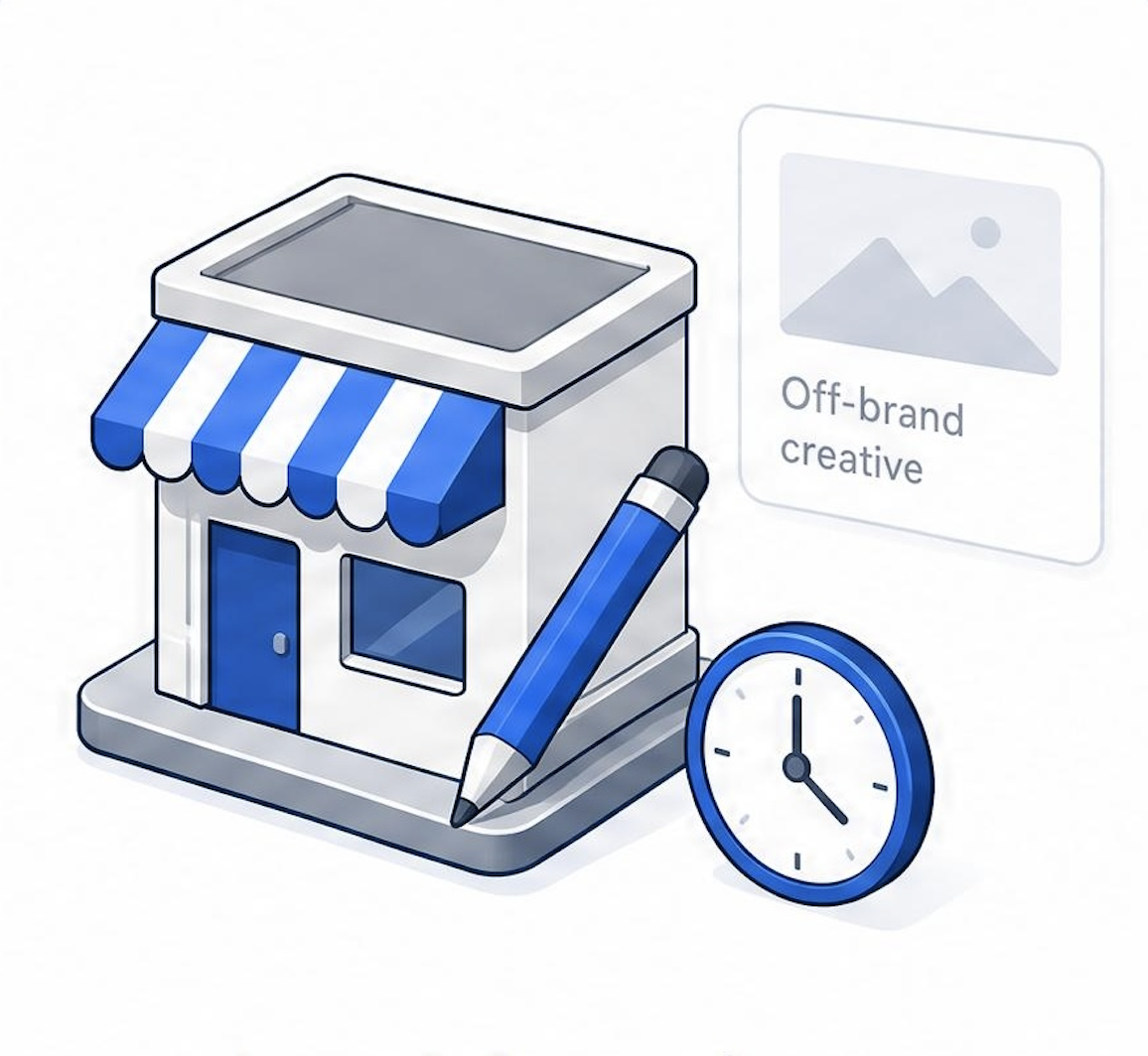Local agency storefront with off-brand creative and a clock indicating long turnaround times