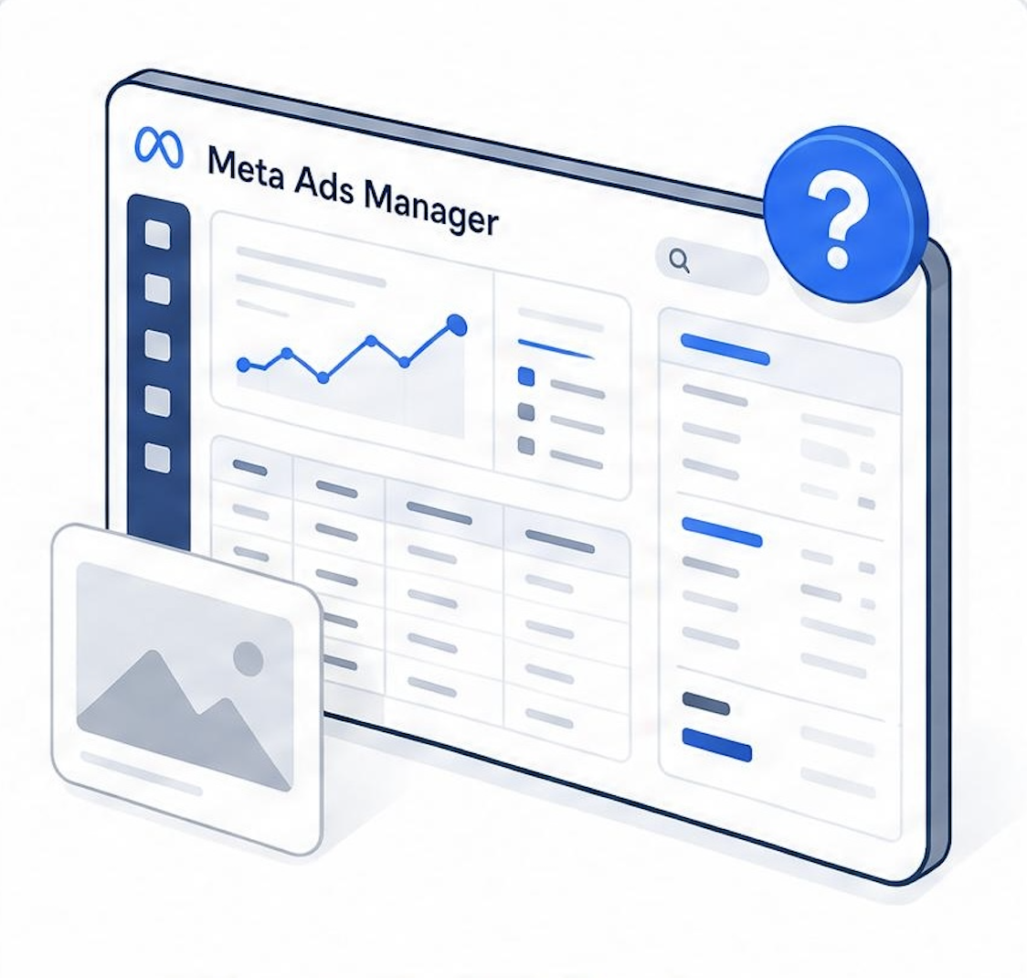 Meta Ads Manager screen with question mark, representing dealers unable to maximize return on ad spend