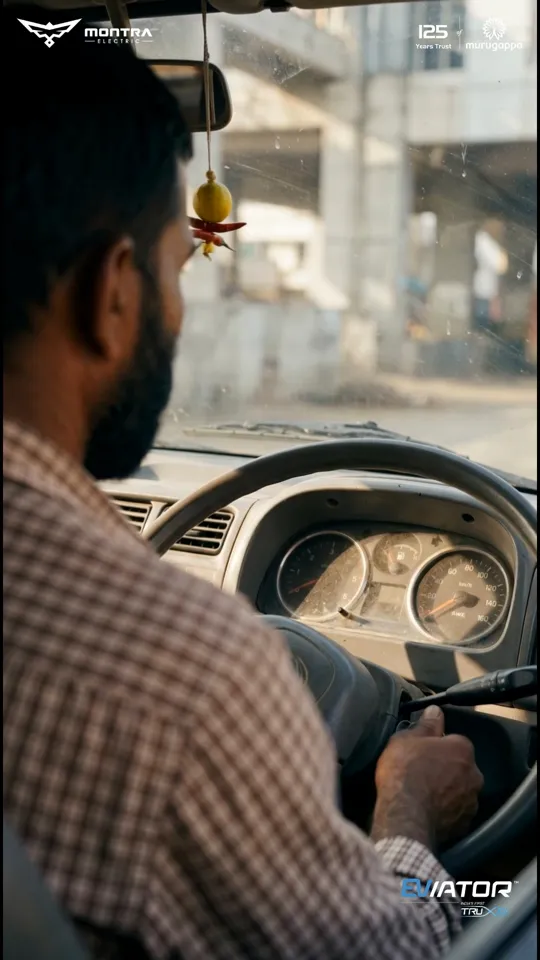 Still from the Montra Eviator 'diesel tension' reel: a commercial driver at the wheel
