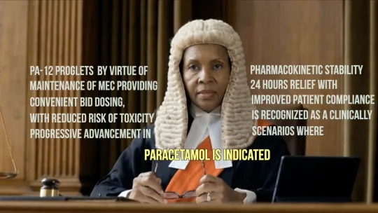 Still from the Lincoln Pharma Pa12 drama: a judge in courtroom robes with PA-12 case text overlay